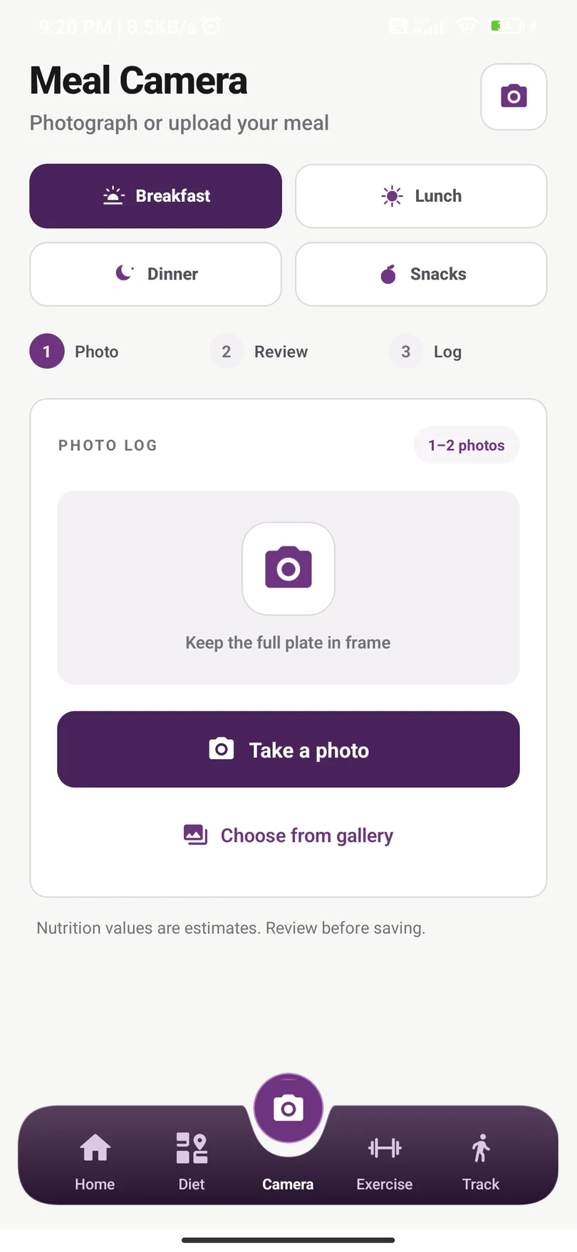 FitLip meal photo capture interface
